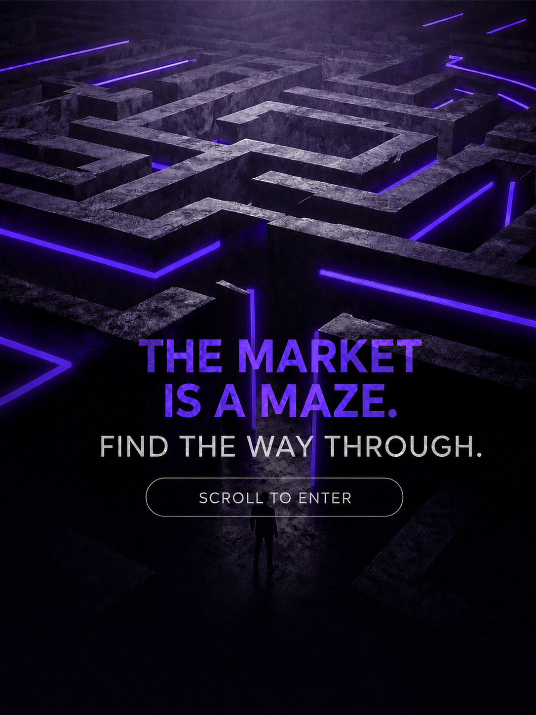 A realistic black stone maze lit by violet lines. The market is a maze. Find the way through.